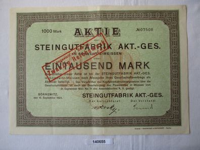 1000 Mark Aktie Steingutfabrik AG Sörnewitz 15. September 1923 (140655)