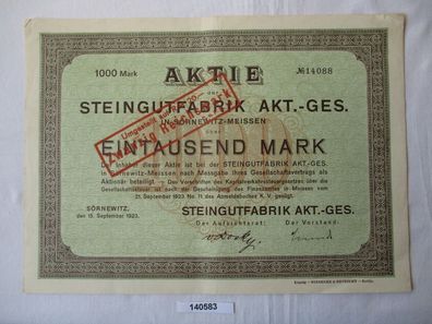 1000 Mark Aktie Steingutfabrik AG Sörnewitz 15. September 1923 (140583)