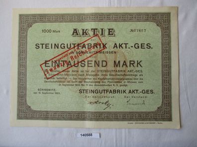 1000 Mark Aktie Steingutfabrik AG Sörnewitz 15. September 1923 (140588)