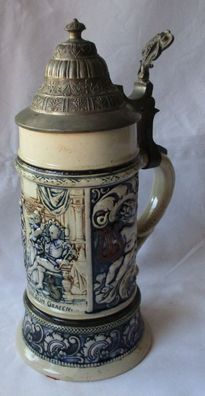 seltener Keramikkrug 1/2 Liter mit Spieluhr und Zinndeckel um 1910 (111852)