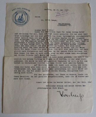Original Autograph Kapitän Carl Kircheiss Brief an Dr. Erich Lange 1928 (63032)