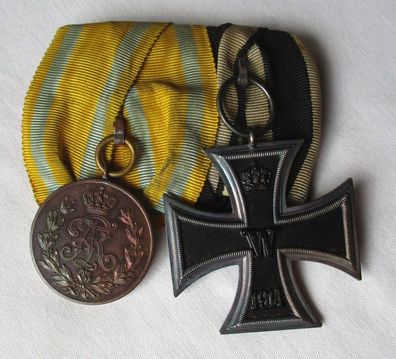2er Ordensspange Sachsen Friedrich August Medaille + Eisernes Kreuz (145792)