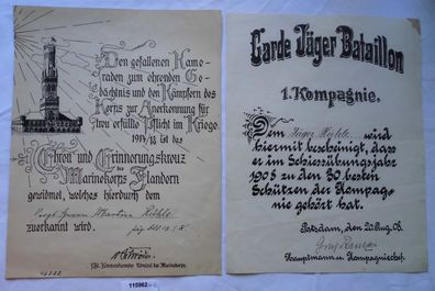 2 seltene Urkunden Garde Jäger Bataillon 1. Kompagnie 1. Weltkrieg (115084)