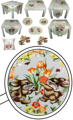 Tischdecke Tischläufer Deckchen Kissenhülle OSTERN Stickerei Hasen Tulpen