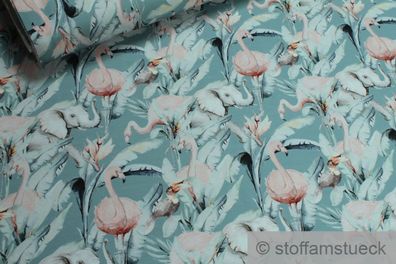 Stoff Baumwolle Elastan Single Jersey pastelltürkis Elefant dehnbar Flamingo