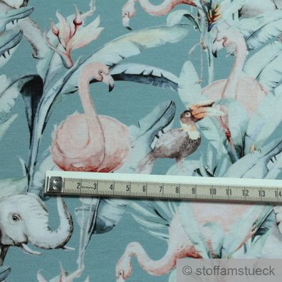 0,5 Meter Stoff Baumwolle Elastan Single Jersey pastelltürkis Elefant Flamingo