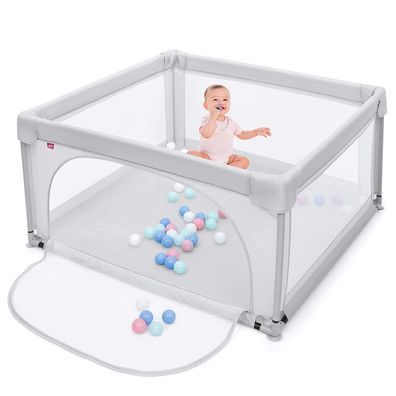Baby Laufstall mit 50 Spielbällen, Laufgitter mit atmungsaktivem Netz