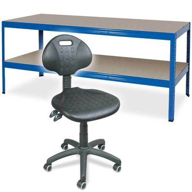 Packtisch / Werkbank mit Fachboden BxTxH 1800 x 600 x 900 mm + Arbeitsdrehstuhl
