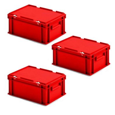 3 Deckelbehälter im Euroformat, LxBxH 400x300x185 mm, 16,5 Liter, 1,35 kg, rot
