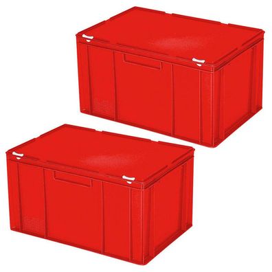 2 Eurobehälter mit Deckel, lebensmittelecht, LxBxH 600x400x330 mm, 63 Liter, rot