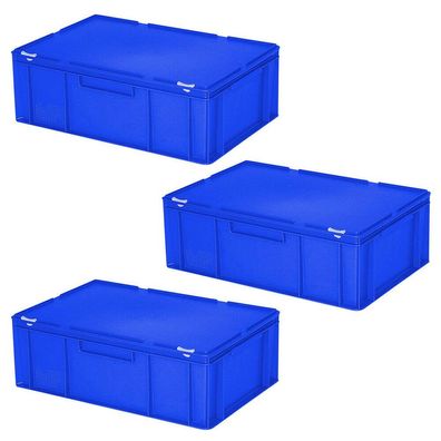 3 Eurobehälter mit Deckel, stapelbar, LxBxH 600x400x230 mm, 43 Liter, blau, PE-HD