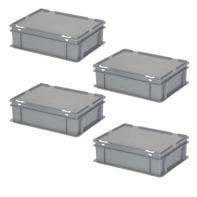 4 Eurobehälter/ Deckelboxen mit Deckel, 11 Liter, LxBxH 400x300x130 mm, grau, PP