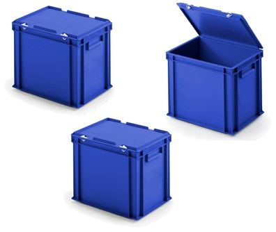 3 Eurobehälter mit Deckel, LxBxH 400x300x330 mm, blau, lebensmittelecht, PP