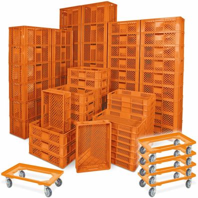 78 Bäckerkisten in 5 Größen, 600x400 mm, H 90 mm - 410 mm + 5 Roller, orange
