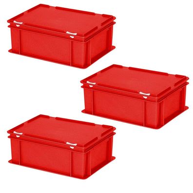 3 Deckelbehälter im Euroformat, LxBxH 400x300x180 mm, 16 Liter, 1,6 kg, rot