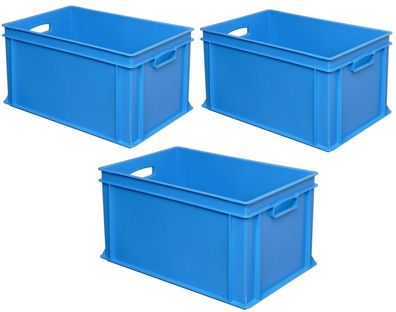 3 Eurobehälter / Stapelkiste, LxBxH 600 x 400 x 320 mm, blau, Inhalt 63 Liter
