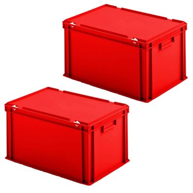 2 Euroboxen mit Scharnierdeckel, LxBxH 600x400x330 mm, PP, lebensmittelecht, rot