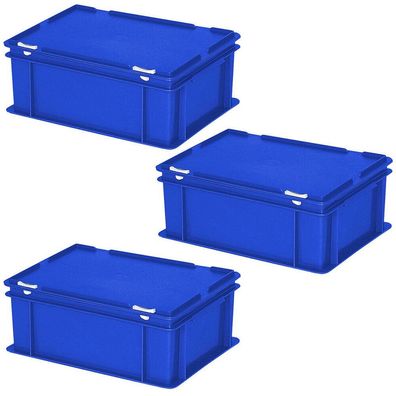 3 Deckelbehälter im Euroformat, LxBxH 400x300x180 mm, 16 Liter, 1,6 kg, blau