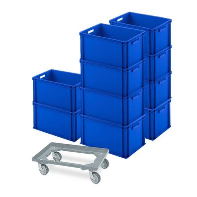 10 Eurobehälter 600x400x320 mm, blau + GRATIS Schwerlast-Transportroller