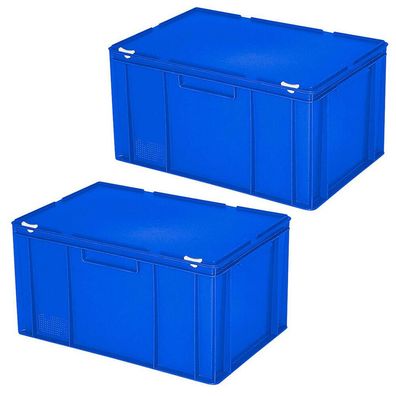 2 Eurobehälter mit Deckel, lebensmittelecht, LxBxH 600x400x330 mm, 63 Liter, blau