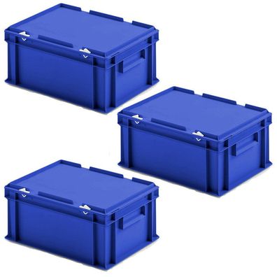 3 Deckelbehälter im Euroformat, LxBxH 400x300x185 mm, 16,5 Liter, 1,35 kg, blau
