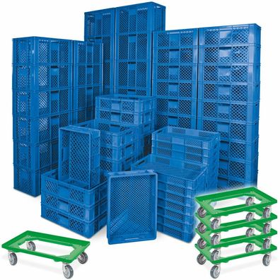 78 Bäckerkisten in 5 Größen, 600x400 mm, H 90 mm - 410 mm, blau + 5 Roller, grün