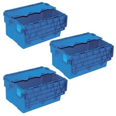 3 Mehrwegbehälter/ Versandbehälter mit Deckel, 54 l, LxBxH 600x400x305 mm, blau