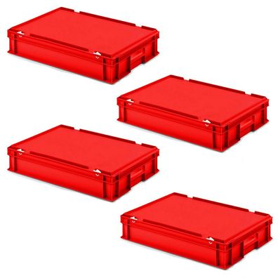 4 Euroboxen mit Scharnierdeckel, LxBxH 600x400x130 mm, PP, lebensmittelecht, rot