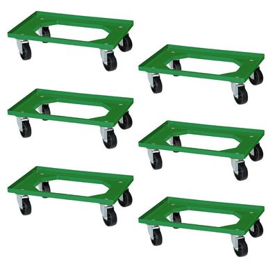 6 Logistikroller für Behälter 600x400 mm, schwarze Kunststoffräder, grün