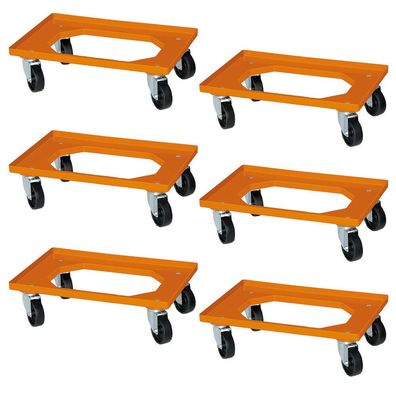 6 Logistikroller für Eurobehälter 600 x 400 mm, schwarze Kunststoffräder, orange