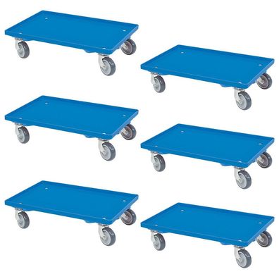 6 Logistikroller, geschl. Deck, 4 Lenkrollen, graue Gummiräder, Trg 250 kg, blau