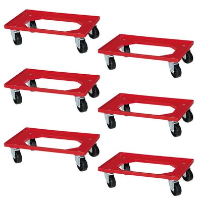 6 Logistikroller für Kisten 600x400 mm, schwarze Räder, rot, Tragkraft 250 kg
