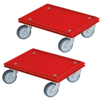 2 Roller für Behälter 400x300 mm, Trg 100 kg, 4 Lenkrollen, graue Gummiräder, rot