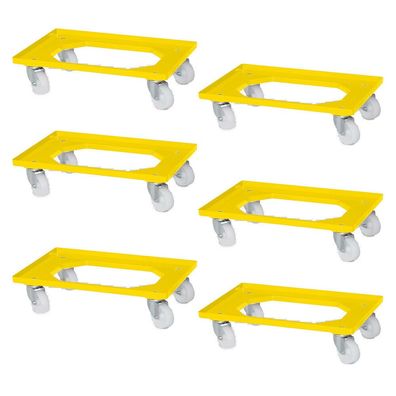 6 Logistikroller / Kistenroller, 615 x 415 x 175 mm, weiße Kunststoffräder, gelb
