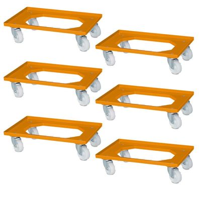 6 Logistikroller für Eurobehälter, 615x415x175 mm, weiße Kunststoffräder, orange