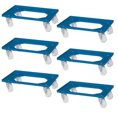 6 Logistikroller für Eurobehälter, 615x415x175 mm, weiße Kunststoffräder, blau
