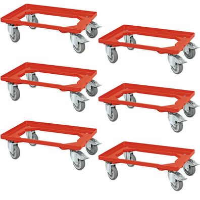6 Logistikroller für Behälter 600x400 mm, 4 Lenkrollen, 2 Rollen mit Bremse, rot
