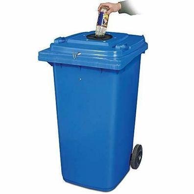 240 Liter Müllbehälter blau, Flascheneinwurf mit Gummirosette, abschließbar