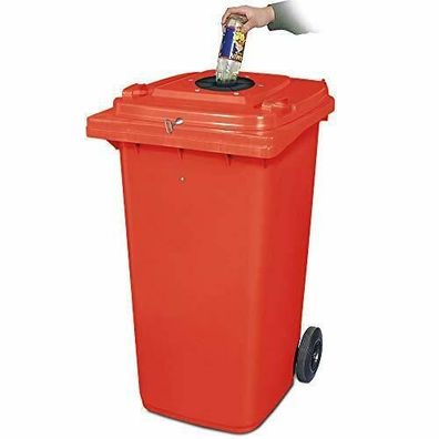 240 Liter Müllbehälter rot, Flascheneinwurf mit Gummirosette, abschließbar