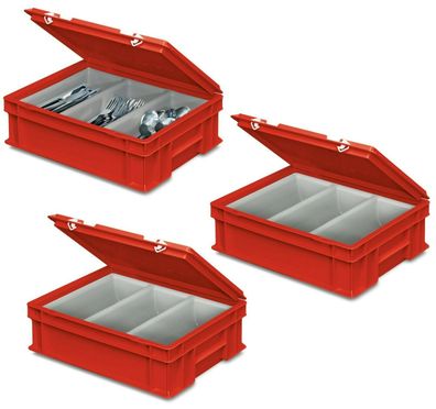 3 Besteckkasten / Sortierbehälter, 400 x 300 x 130 mm, rot, 3 Mulden je 2 Liter