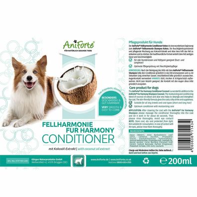 AniForte Fellharmonie Conditioner für Hunde 200 ml Pflegespülung Kämmbarkeit