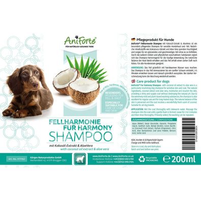 Aniforte Fellharmonie Shampoo mit Kokosöl-Extrakt Aloe Vera 200ml Hundeshampoo