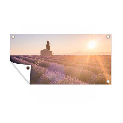 Gartenposter - Die Sonnenstrahlen fallen auf die Reihen eines Lavendelfeldes - 160x80