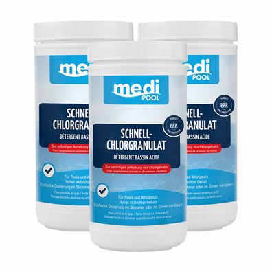 mediPOOL SchnellChlor Granulat 3x 1 kg, Chlorgranulat Aktivchlor Poolreinigung