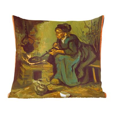 Zierkissen - Sofakissen - Dekokissen - 50x50 cm - Bäuerin beim Kochen am Feuer - Vinc