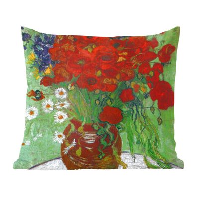 Zierkissen - Sofakissen - Dekokissen - 60x60 cm - Vase mit roten Mohnblumen und Gänse