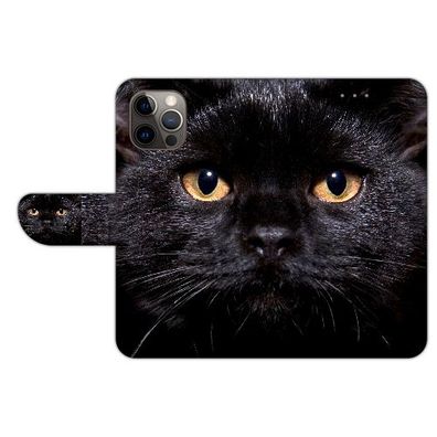 Schutz Hülle Handy Tasche mit Bilddruck Schwarz Katze für iPhone 12 Pro Etui