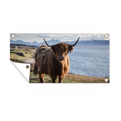 Gartenposter - Schottisches Hochlandrind - Licht - Wasser - 200x100 cm - Gartendeko