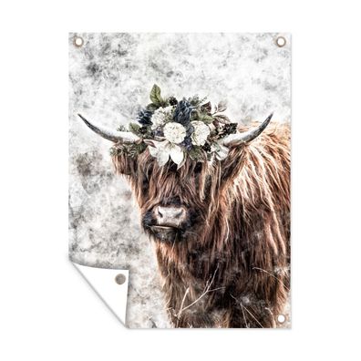 Gartenposter - Schottisches Hochlandrind - Marmor - Blumen - 60x80 cm - Gartendeko