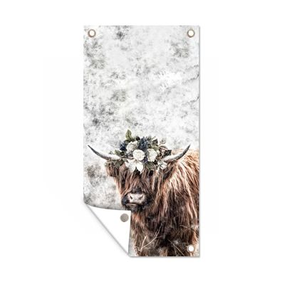 Gartenposter - Schottisches Hochlandrind - Marmor - Blumen - 80x160 cm - Gartendeko